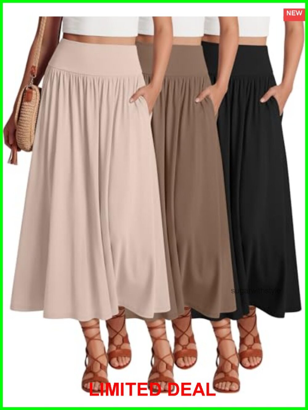 3 Pack Women's Maxi Skirts Polyester Cotton Acrylic A-Line Pleated Ankle Length